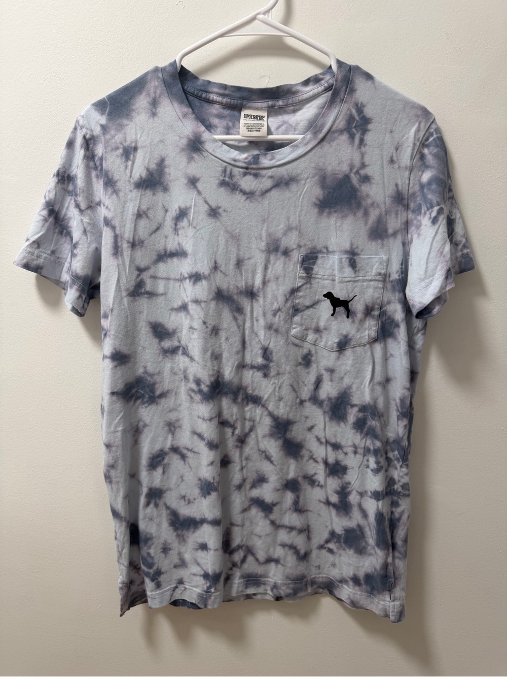 PINK Victoria’s Secret Tie Dye Dog Graphic Tee Gray Blue Pocket XS